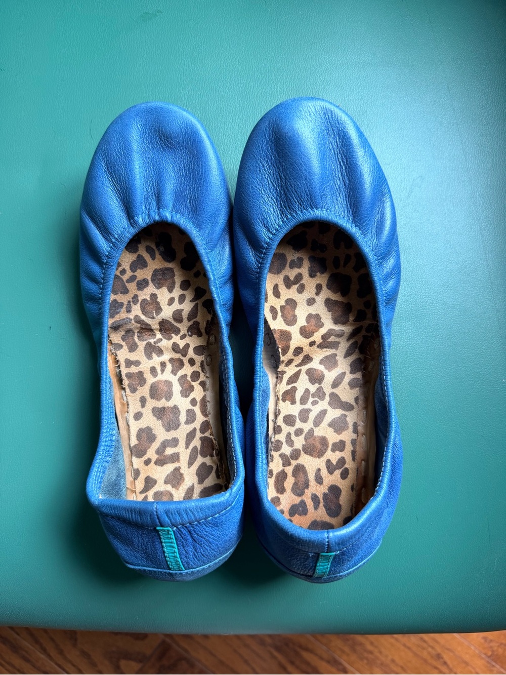 Tieks Blue Leather Ballet Flats with Leopard Insole